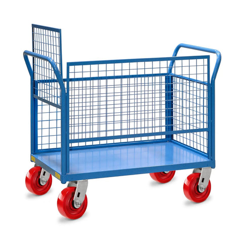 Blue cart with red wheels showing Caster Set Four Inch By One And One Half Inch Solid Polyurethane Wheels Heavy Duty Casters.