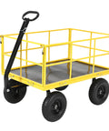 Yellow Heavy Duty 1500 Lbs Mesh Steel Garden Cart with folding utility wagon removable sides, all terrain wheels, shown empty.