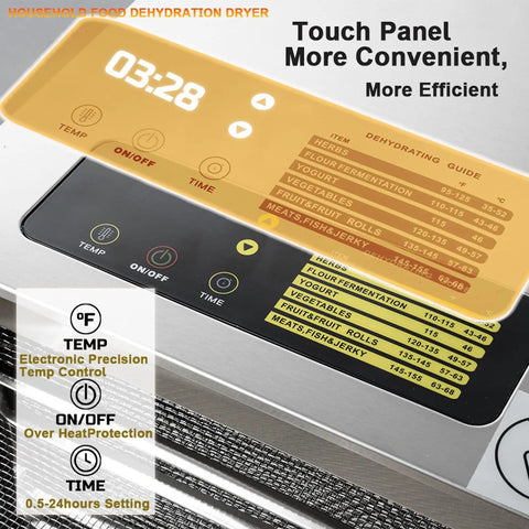 Touch panel controls of Heavy Duty Stainless Steel Food Dehydrator With 800 Watt Motor And 24 Hour Timer for precise drying.