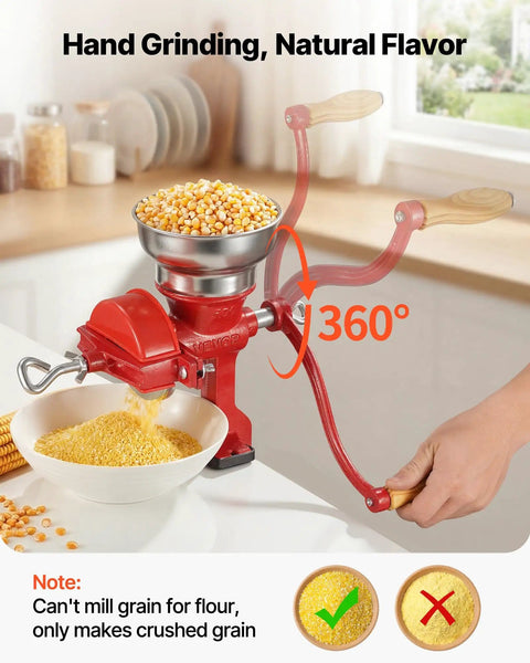 Manual Grain Mill With Low Hopper Hand Crank Cast Iron Grinder for wheat, grains, spices, coffee beans, and nuts with table clamp.