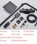 Components of UMJIGF 8 Inch Black Shower System Thermostatic Waterfall Shower Faucet Set including shower tube and head.