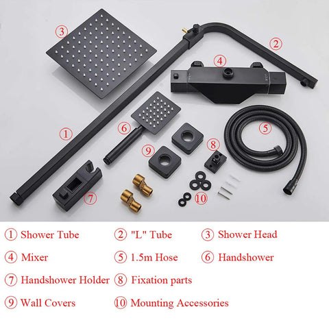 Components of UMJIGF 8 Inch Black Shower System Thermostatic Waterfall Shower Faucet Set including shower tube and head.