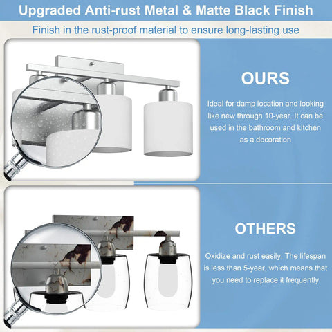 Three Bulb Over Mirror Bathroom Vanity Light In Brushed Nickel Finish Rustproof Wall Sconce Perfect For Wet Locations shown with anti-rust metal and matte black finish.
