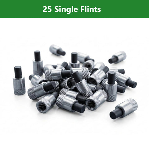 Universal Torch Striker Flint Renewal Kit - 25 replacement flints for lighters, metal tips, close-up view on white surface