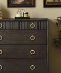 Dark wood dresser with 12 Pieces Solid Brass Ring Pull Handles For Dresser Cabinets Wardrobe Doors And Bedroom Furniture Hardware Brushed Gold Finish