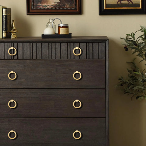 Dark wood dresser with 12 Pieces Solid Brass Ring Pull Handles For Dresser Cabinets Wardrobe Doors And Bedroom Furniture Hardware Brushed Gold Finish