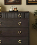 8 Pack Solid Brass Cabinet Pulls 2.0 Inch Length And 1-7/8 Inch Diameter Brushed Gold Drawer Handles on dark wood dresser