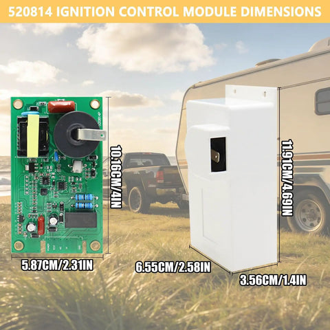 Top Travel Trailer Water Heater Repair Kit With Control Board Thermo Assemblies Electrode And Rocker Component For 12V Systems showing ignition control module dimensions.