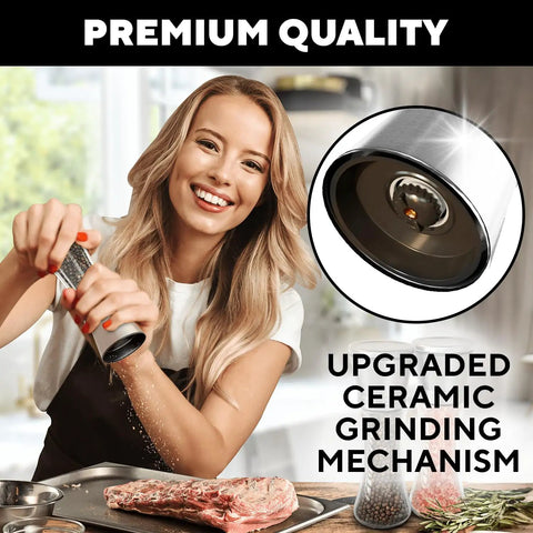 Person using Refillable Stainless Steel Salt And Pepper Grinder Set Of 2 With Adjustable Coarse Mills Easy Clean Ceramic Grinders