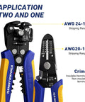 Self Adjusting And Manual Wire Stripper Tool Set For 10 To 24 AWG Heavy Duty Electrical Strippers For Electronics Repair And DIY Projects Fast Stripping Cutting And Crimping For Electricians And Home Hobbyists showing application range and crimp options