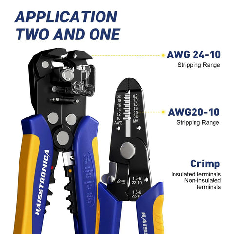Self Adjusting And Manual Wire Stripper Tool Set For 10 To 24 AWG Heavy Duty Electrical Strippers For Electronics Repair And DIY Projects Fast Stripping Cutting And Crimping For Electricians And Home Hobbyists showing application range and crimp options