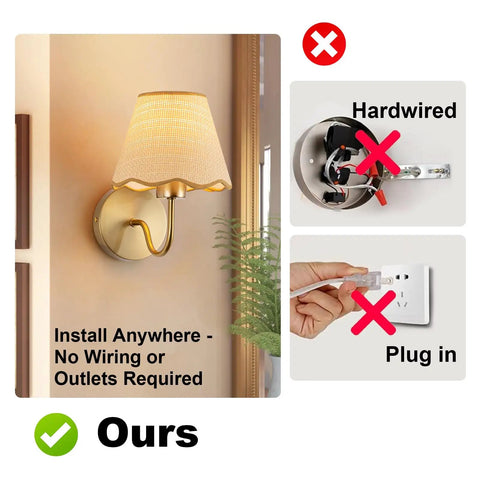Battery Operated Wall Sconce Set Of Two With Gold Rattan Shade And Rechargeable RGB Bulbs For Wireless Bedroom Lighting zero wiring headaches featuring stylish design.