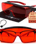Top Tier Laser Safety Glasses Serving Kick Ass Dual Wavelength Eye Protection For 532 And 1064 Nanometers, red lenses fit over glasses.