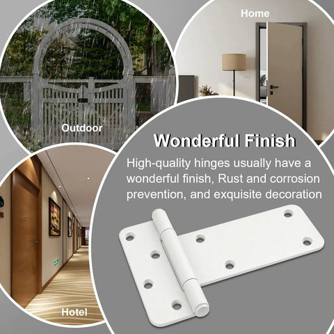 Beefy Heavy Duty 5 Inch Gate Hinges Set showcased with indoor and outdoor use visuals, rust-resistant, matte white finish.