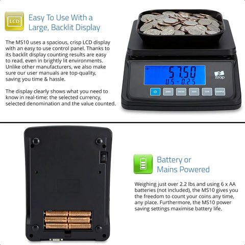 Coin Counting Scale displaying weight of coins with LCD backlit screen and battery compartment for fast cash counting