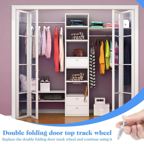 8 Piece Spring Loaded Bi Fold Door Hardware Kit For Closet Doors Easy Install Stainless Steel Folding Doors Top Roller Guide Wheel And Top Pivot Bifold Repair Kit DIY Friendly used for closet door installation.