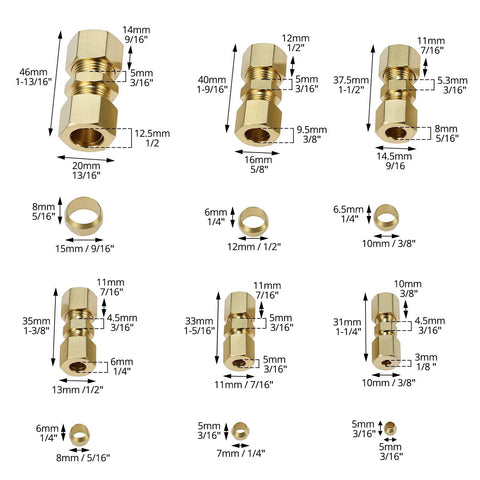 QWORK brass compression tube fittings kit, 46 pcs, assorted 1/8–1/2 in OD straight unions for truck airlines