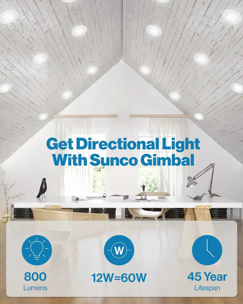 Image of ceiling with 5 to 6 Inch LED Can Lights Retrofit Recessed Lighting with Gimbal Downlight in modern white room.