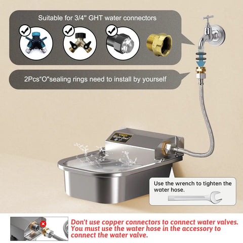 No Fuss Automatic Water Dispenser For Dogs And Livestock installation guide with 3/4" GHT connectors and stainless steel bowl.