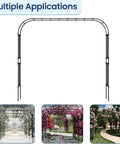 Outdoor Garden Arch Trellis For Climbing Plants, Sturdy Galvanized Steel Frame With Weatherproof Coating, 126 In Long By 15.8 In Wide By 94.5 In Tall, Easy Assembly, Ideal For Lawn Parties And Wedding Ceremonies, Black, shown with multiple applications.