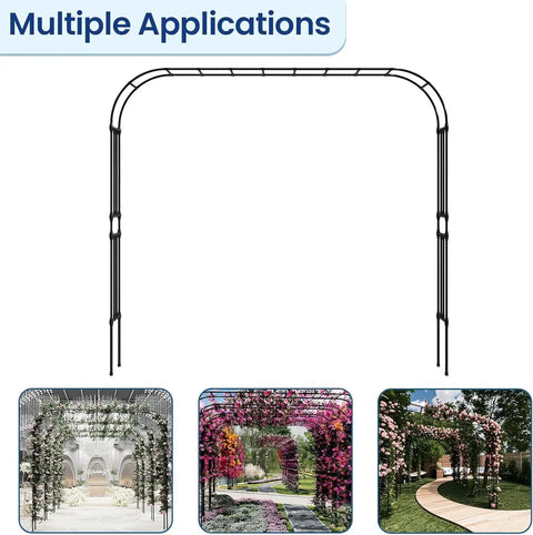 Outdoor Garden Arch Trellis For Climbing Plants, Sturdy Galvanized Steel Frame With Weatherproof Coating, 126 In Long By 15.8 In Wide By 94.5 In Tall, Easy Assembly, Ideal For Lawn Parties And Wedding Ceremonies, Black, shown with multiple applications.