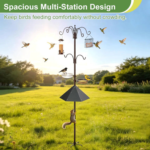 94 Inch Garden Bird Feeding Station Kit With Heavy Duty Metal Squirrel Baffle Seed Tray And Mesh Basket installed in a yard