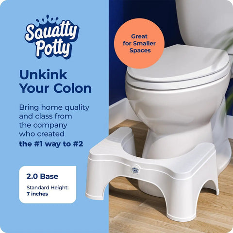 Toilet Stool 2.0 Base 7 Inch White for Natural Elimination next to toilet in bathroom setting