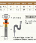 Bathroom Copper Sink drain specifications with free drain kit for vessel sinks, suitable for basins without overflow, 32mm diameter.