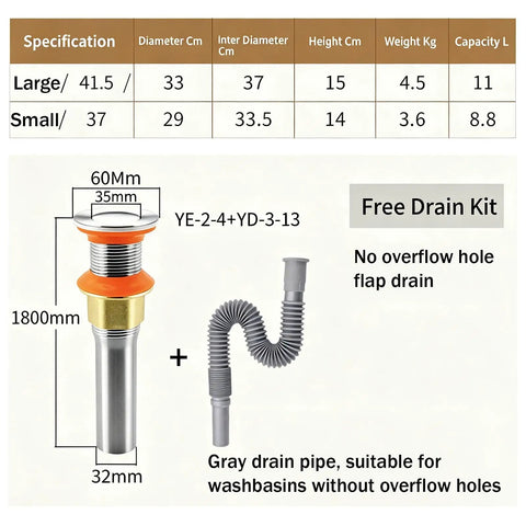 Bathroom Copper Sink drain specifications with free drain kit for vessel sinks, suitable for basins without overflow, 32mm diameter.