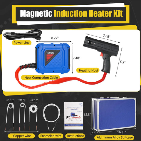 Magnetic Induction Heater Kit: blue 1800W unit with handheld heating gun, four coils, power line, and aluminum storage case
