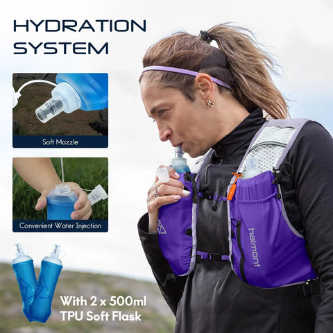 Woman using 10L Trail Running Hydration Vest With Soft Flasks Purple S For Ultraruns And Endurance Training