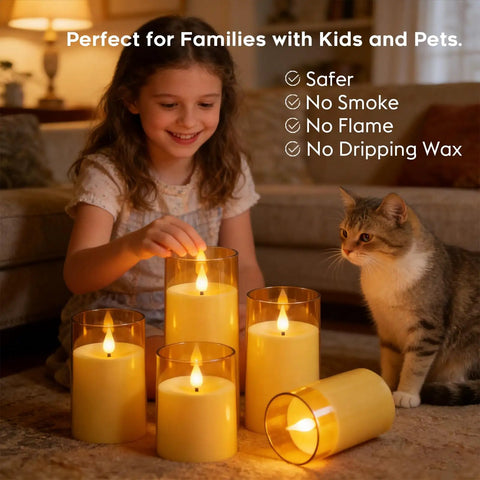 Child with cat near Amber LED Flameless Pillar Candles With Remote Timer 5 Pack - 3D Wicks Flickering Warm Glow Acrylic Candles