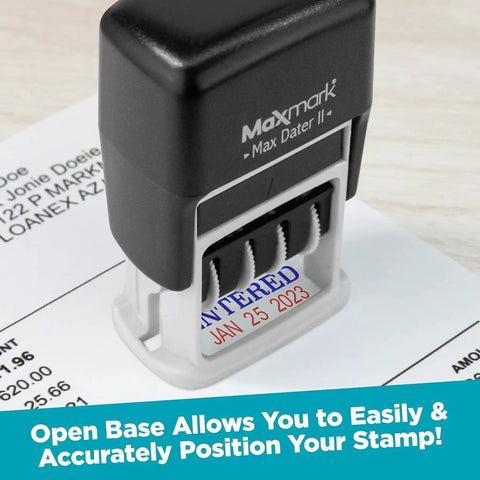 Top Shelf Self Inking Date Stamp For Office Desk With Smooth As Butter Rolling Feel And Crisp Red Ink Stamps Featuring Twelve Year Enduring Bands on paperwork.
