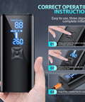Hand holding Portable Tire Inflator Air Compressor With 2X Faster 150 PSI Inflation Cordless Pump Led Light Digital Pressure Gauge