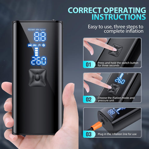 Hand holding Portable Tire Inflator Air Compressor With 2X Faster 150 PSI Inflation Cordless Pump Led Light Digital Pressure Gauge