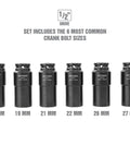 Six sockets from the Beefy Built Tough Harmonic Balancer Puller Socket Set with sizes 17mm to 27mm, 1/2 inch drive, chrome moly steel.