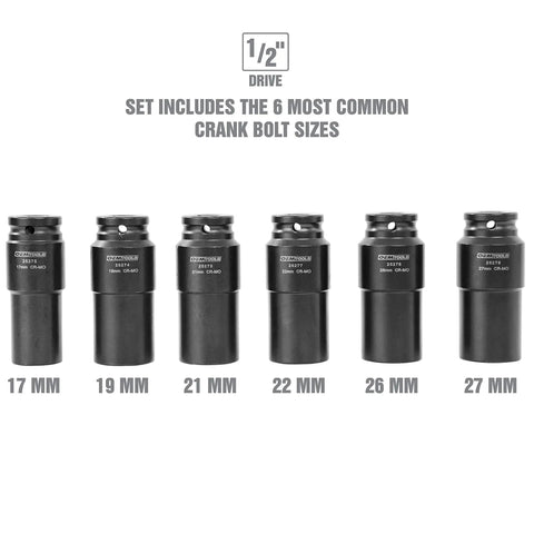 Six sockets from the Beefy Built Tough Harmonic Balancer Puller Socket Set with sizes 17mm to 27mm, 1/2 inch drive, chrome moly steel.