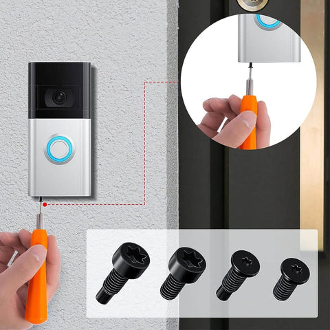 Close-up of Twenty Piece Doorbell Security Screws Set T5T16 Replacement Screws being installed on video doorbell
