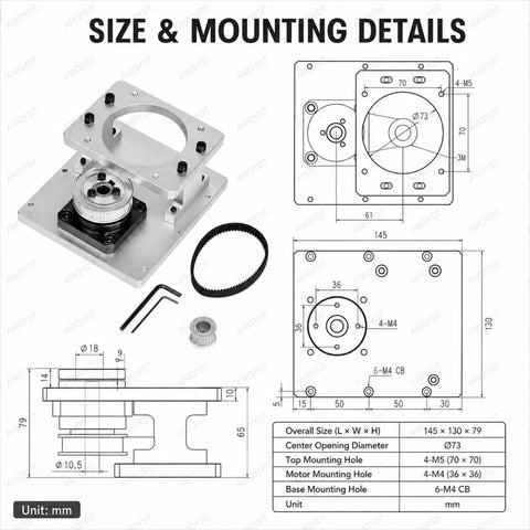 Rock Solid Hollow Rotary Actuator With Fine Tune Belt Tension Cnc Machined Aluminum Plate For 86Mm Stepper Motor size and mounting details diagram.