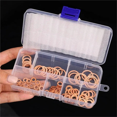 Badass Flat Copper Washers 100 PCS M4 To M14 Oil Drain Sump Plug Seal Kit For Cars Boats Trucks Engine Repair Universal Fit Saves Money DIY Fixes Keeping Things Leak Free Smooth Operation And No Worries In Your Ride Now Today. copper washers in organizer case
