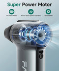 Ultra Power Electric Air Duster with 130000 RPM brushless motor, showcasing airflow mechanics and speed details.