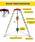 Portable Folding Aluminum Rescue Tripod For Tight Spaces Heavy Duty Fall Arrest Rig With Quick Winch Hookup and Lockdown Anti Drop Guard Gear Built Tough For No Sweat Job Sites with detailed parts labeled.