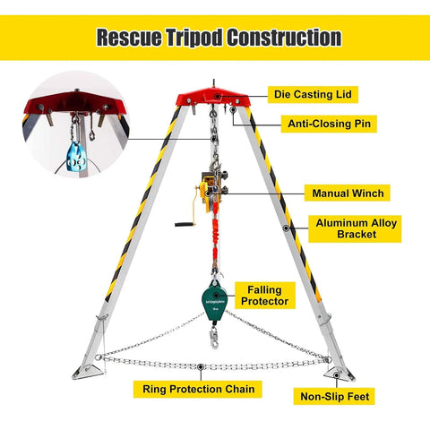 Portable Folding Aluminum Rescue Tripod For Tight Spaces Heavy Duty Fall Arrest Rig With Quick Winch Hookup and Lockdown Anti Drop Guard Gear Built Tough For No Sweat Job Sites with detailed parts labeled.