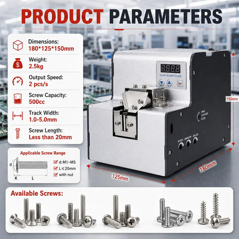 Heavy Duty Automatic Screw Feeder Machine With Smart Precision Counting Capabilities Brings Serious Bang For Your Buck And Lightning Fast Throughput For Pro Shops Or Weekend Warrior Build Projects No Sweat showing product parameters and available screws.