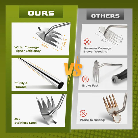 Comparison of Heavy Duty Weed Puller With Extendable Handle For Deep Root Removal In The Garden Stainless Steel Weeding Tool For Vegetables Portable Backyard And Farm Weed Control No Nonsense Quality versus competitor tools, highlighting wider coverage and durable materials.
