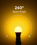 Amber Porch Light Bulbs With Dusk To Dawn Sensor For Outdoor Use highlighting 240 degree beam angle, warm yellow glow