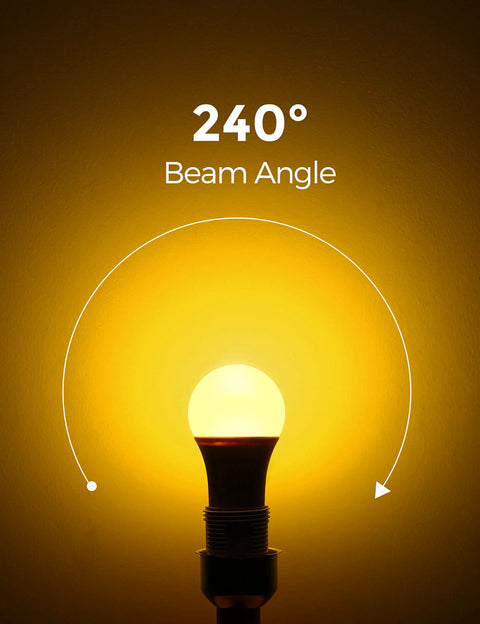 Amber Porch Light Bulbs With Dusk To Dawn Sensor For Outdoor Use highlighting 240 degree beam angle, warm yellow glow