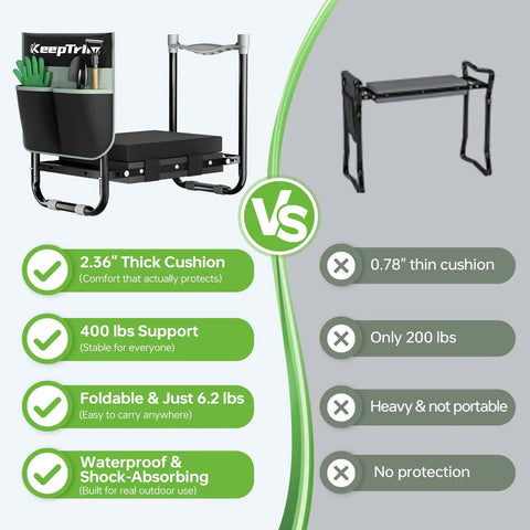 Foldable Garden Kneeler And Seat With Tool Pouch, Two In One Ergonomic Kneeling Bench For Easy Gardening, Supports Up To 400 Lbs, Thick Cushioned Pad, Quick Fold Design, Non Slip Grip Handles, Black