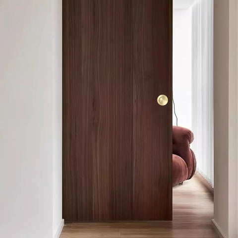 Sliding door with 4 pack solid brass finger pulls, 2 1/8 inch flush recessed round cup pulls in brushed gold, heavy duty hardware installed.