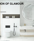 Modern bathroom with Brushed Gold Single Hole Bathroom Faucet With Pop Up Drain, spacious vanity, and large circular mirror.